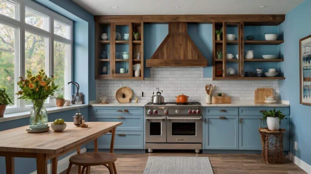 contemporary kitchen design with sky-blue walls, white subway tile backsplash, and natural wood accents 