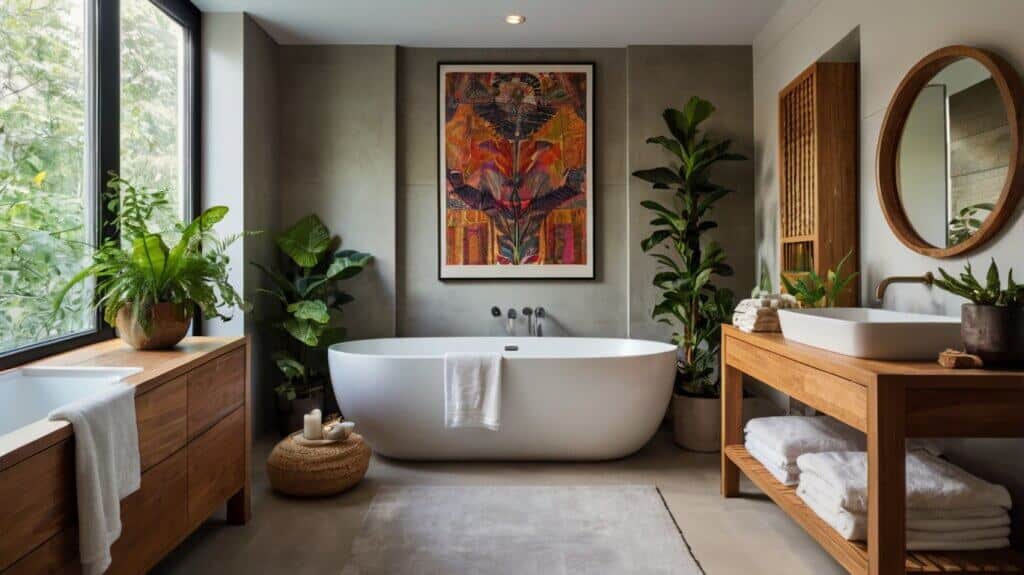contemporary small bathroom design with artwork, plants, and vibrant textiles