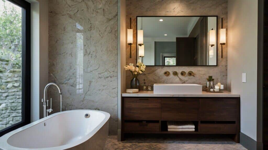 contemporary small bathroom design with bold pendant light and wall sconces
