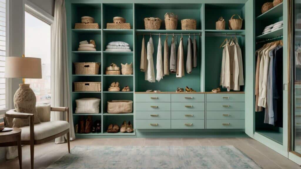 contemporary walk-in closet painted in seafoam greens with light wood accents and seashell decors