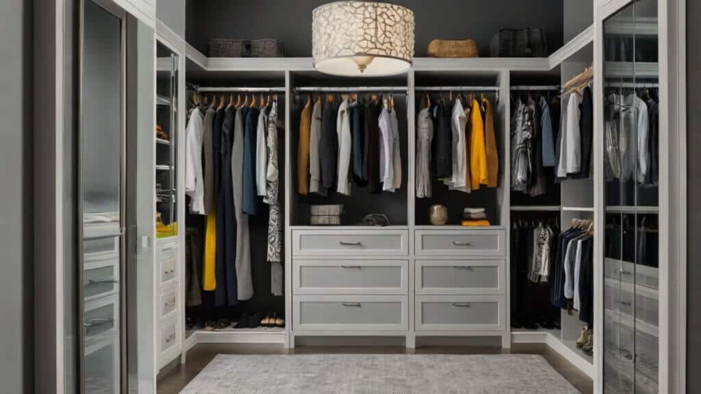 contemporary walk-in closet painted in various shades of gray with white shelving and bold accents 