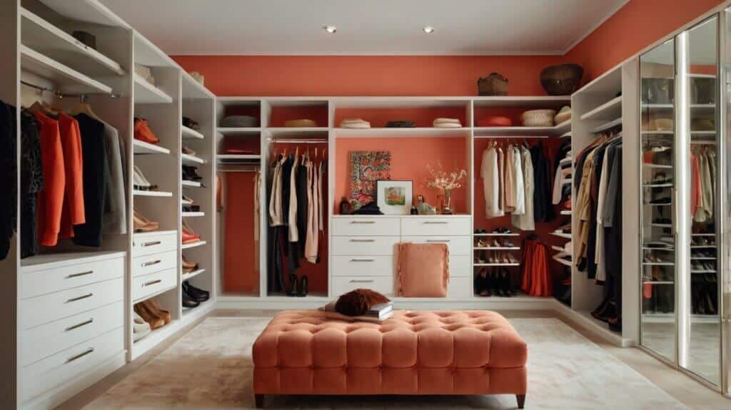 contemporary walk-in closet painted in warm white with a coral backdrop and accents in vibrant hues