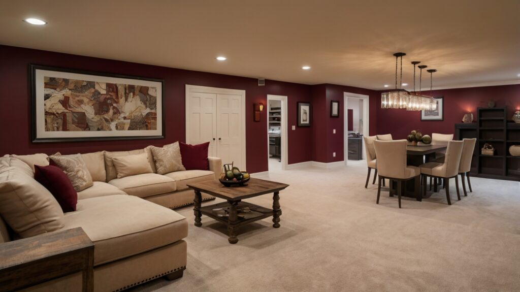 cozy basement in burgundy and cream tones 