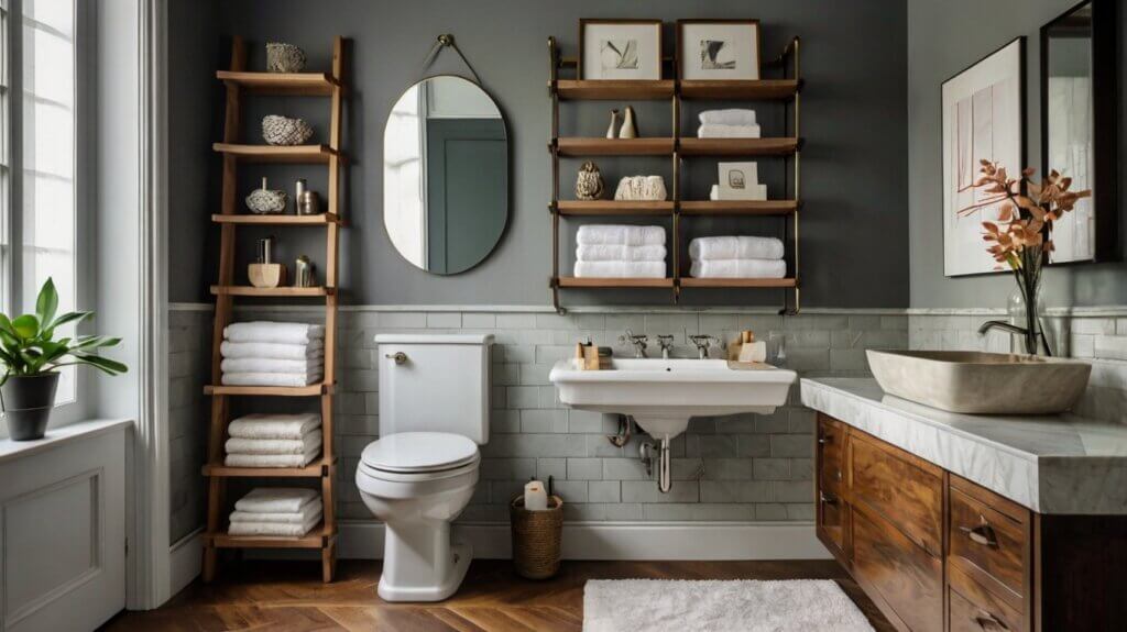 elegant small bathroom design with wall-mounted shelves and over-the toilet storage