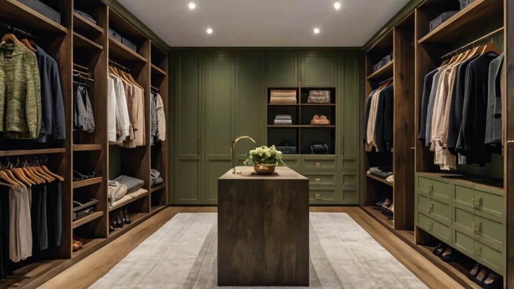 elegant walk-in closet in olive green shades with wooden shelves