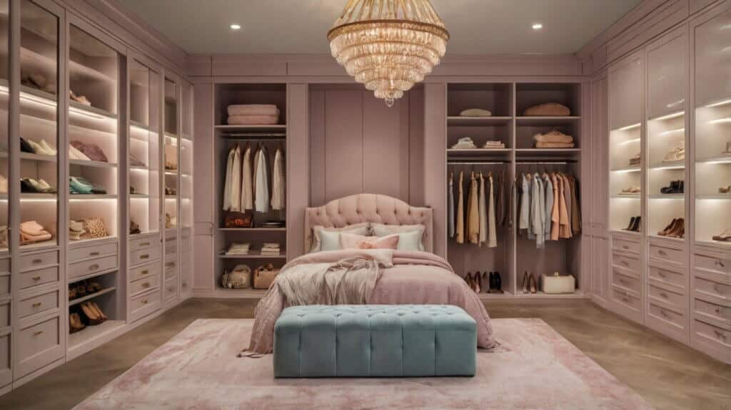elegant walk-in closet in pastel shades with plush rugs and delicate lighting fixtures