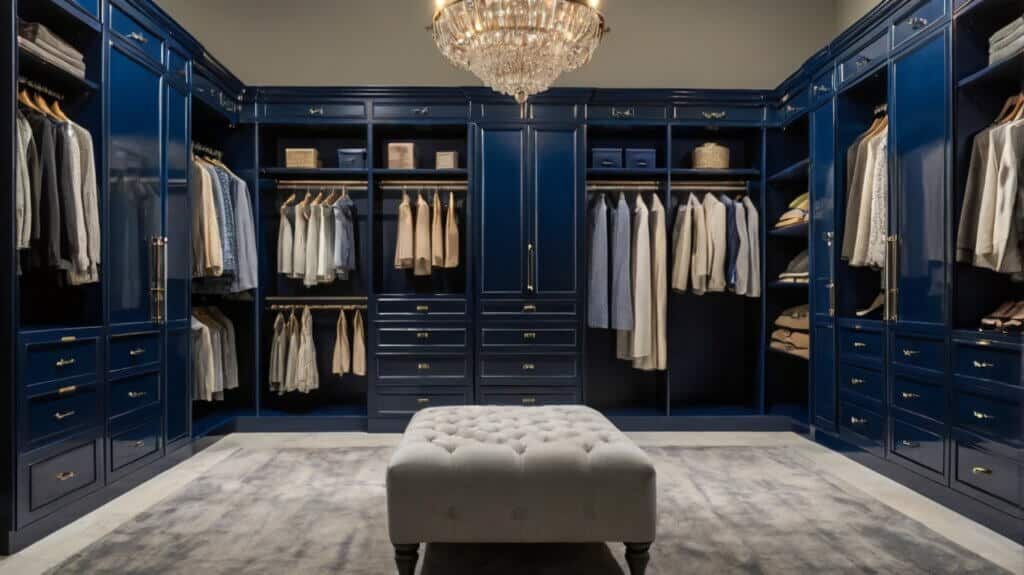 elegant walk-in closet painted in sapphire blue with metallic accents