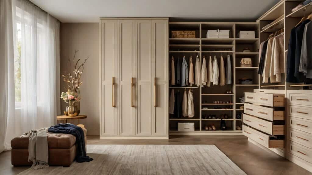elegant walk-in closet painted in warm creams with wooden elements 