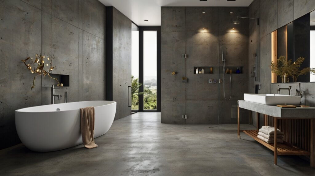 luxurious bathroom design with polished concrete flooring 