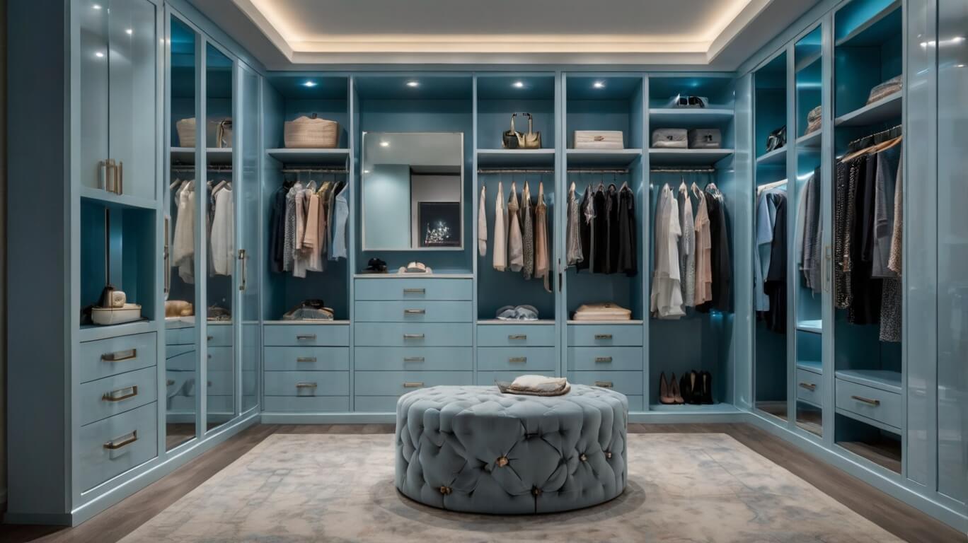luxurious walk-in closet painted in baby blue with ambient lighting and metallic accents