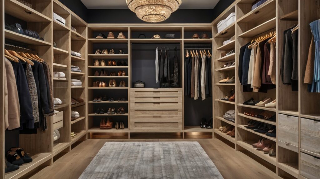 luxury walk-in closet featuring built-in hampers and shoe racks