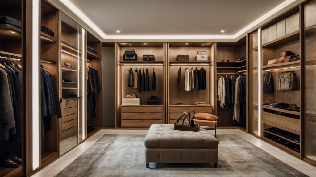 luxury walk-in closet featuring integrated lighting