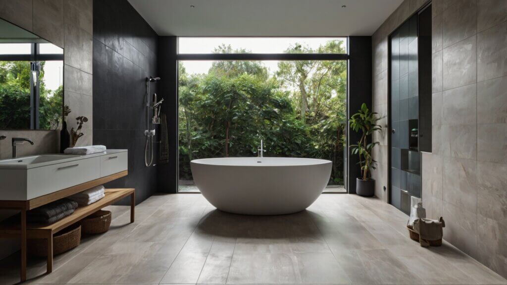 minimalist bathroom design with large-format porcelain tile flooring