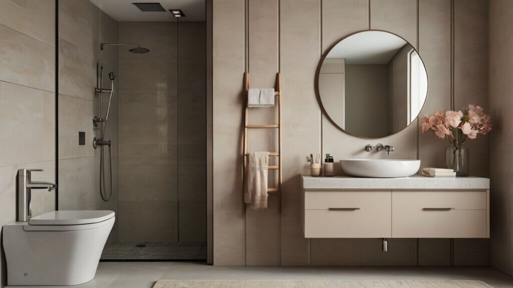 minimalist small bathroom design in soft neutral tones walls with floating vanity and pastel accessories