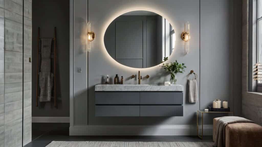 minimalist small bathroom design with a floating vanity painted in pale gray and a statement mirror