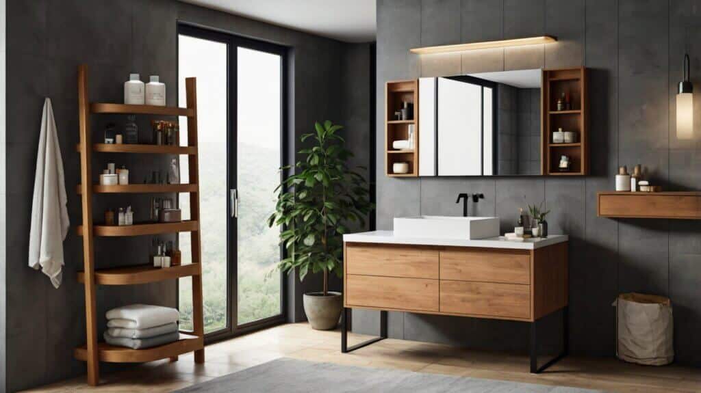 minimalist small bathroom design with bathroom vanity with built-in storage and ladder shelf