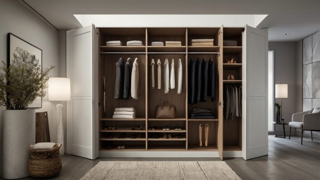 minimalist walk-in closet featuring fold-out or retractable hooks