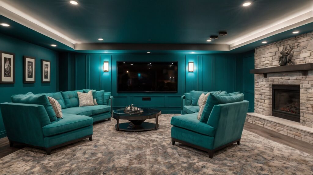 modern basement home theater in teal and white tones 
