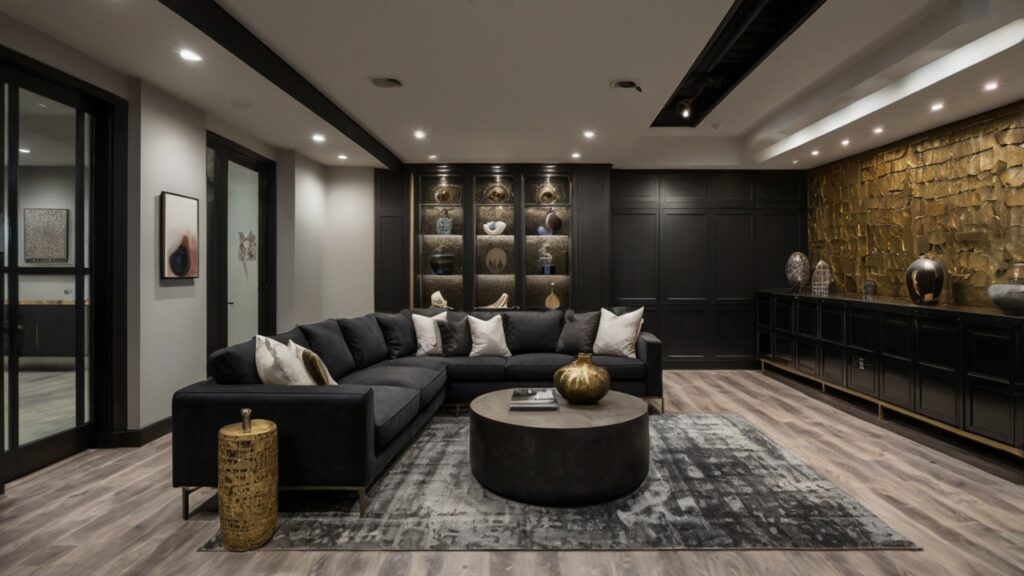modern basement in bold black and metallic accents