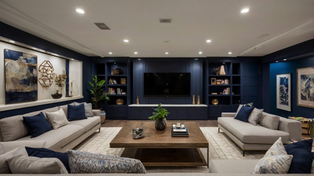 modern basement in deep navy and white contrast