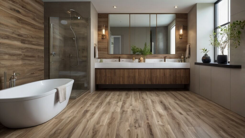 modern bathroom design with neutral-toned wood-like Luxury Vinyl Tile flooring 