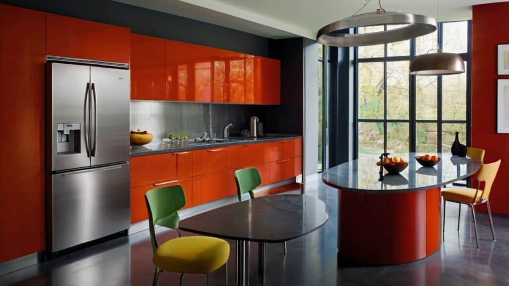 modern kitchen design featuring stainless steel cabinets in bold colors