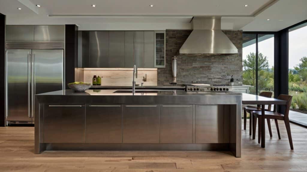 Modern kitchen featuring all-stainless steel kitchen cabinets