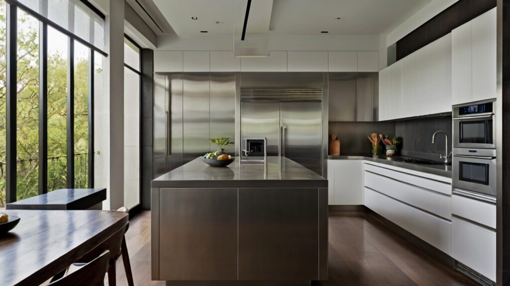 modern minimalist kitchen design featuring stainless steel cabinets 