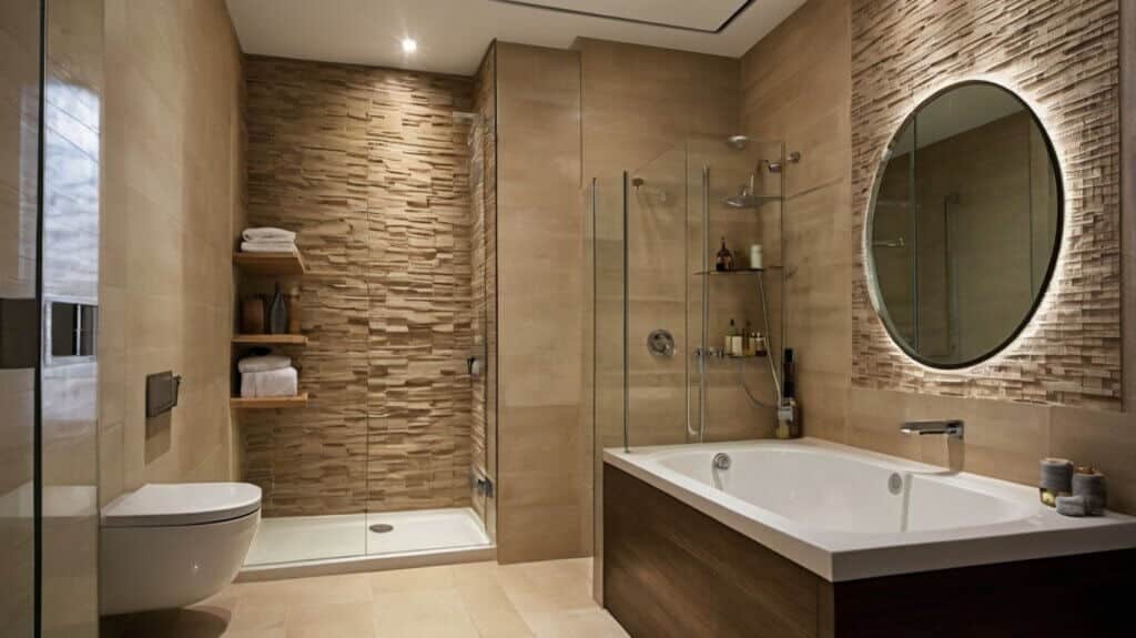 modern small bathroom design with light beige large-format tiles and accent of smaller tiles
