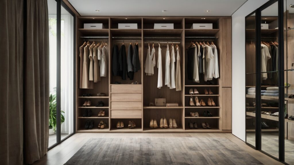 modern walk-in closet featuring hidden compartments