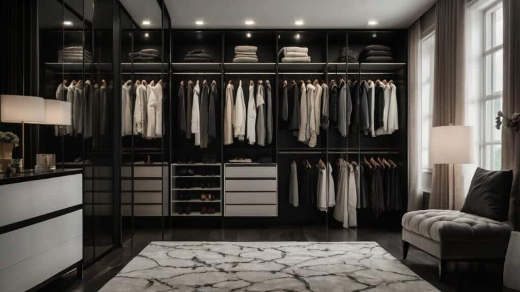modern walk-in closet in shades of black and white with plush fabrics and gentle lighting
