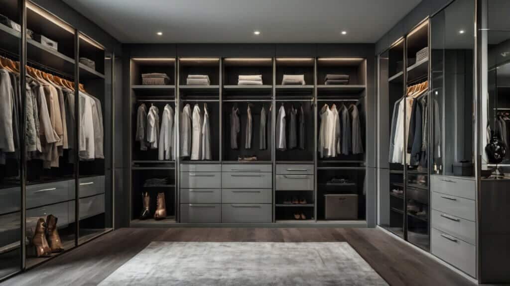 modern walk-in closet in various shades of grey with textures and glossy finishes