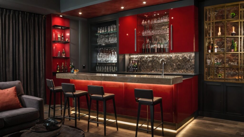sleek basement bar in rustic red and metal accents 