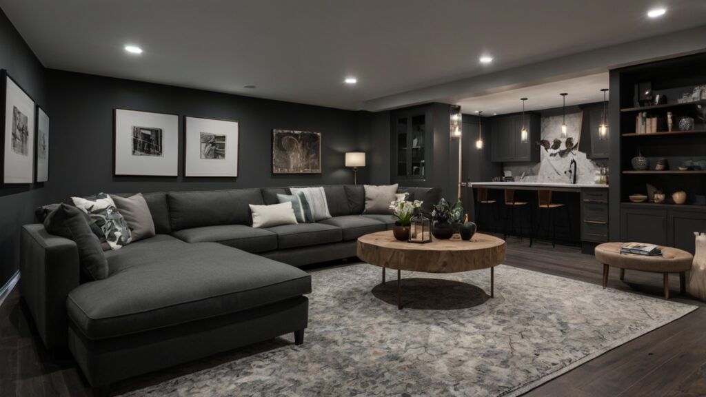 sleek basement in moody charcoal