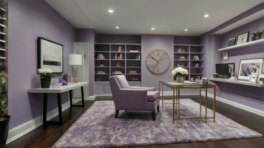 sleek basement office in soft lavender and gray tones 