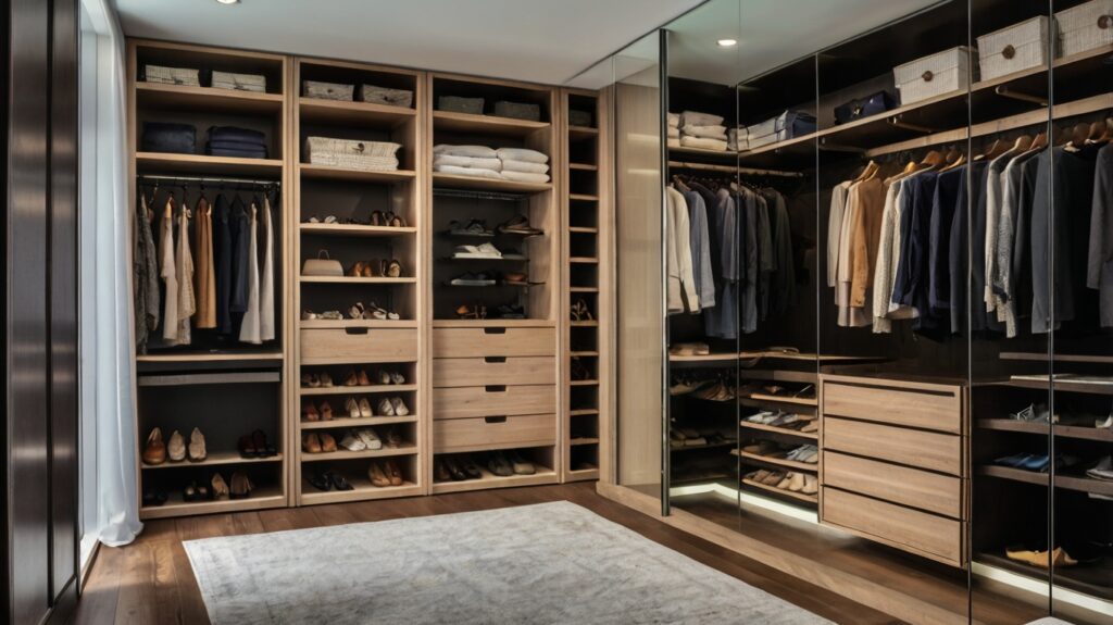 sleek walk-in closet with pull-out drawers