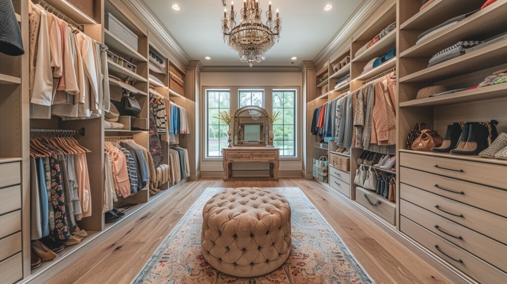 Elegant closet with floor to ceiling cabinets and double hanging rods 