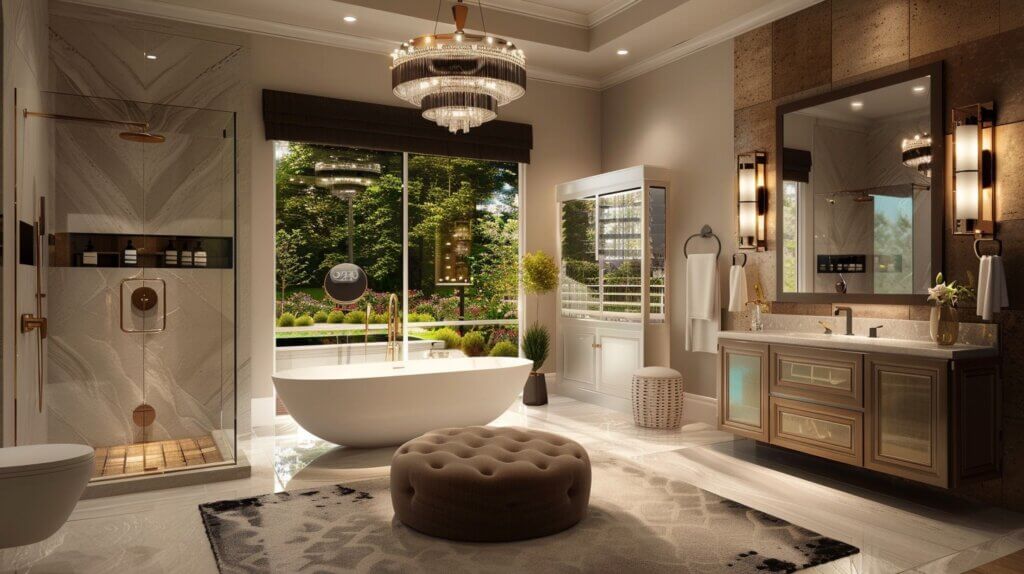 Elegant bathroom with custom floating vanity and statement mirror