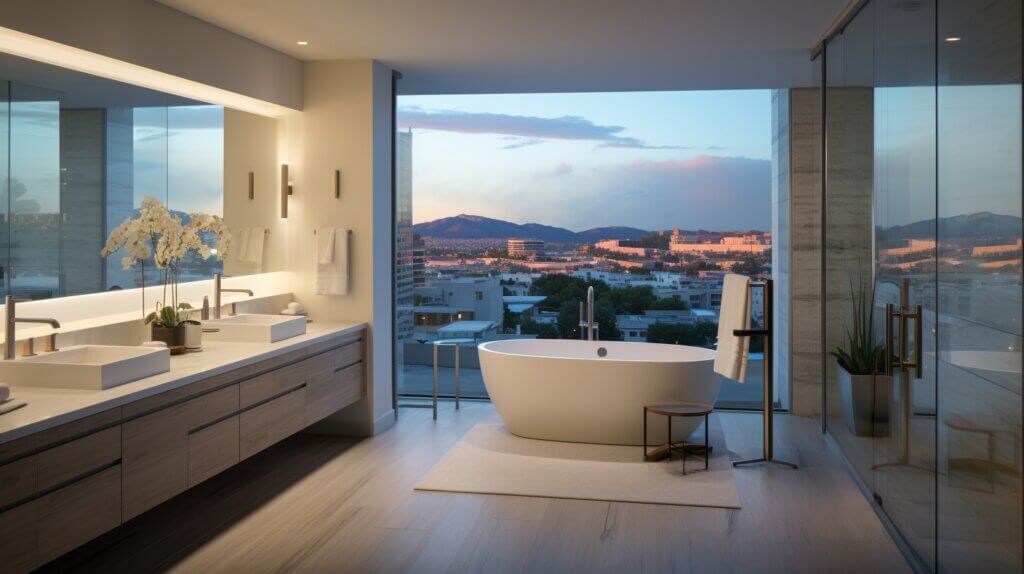 Modern bathroom with floating vanity and under cabinet lighting