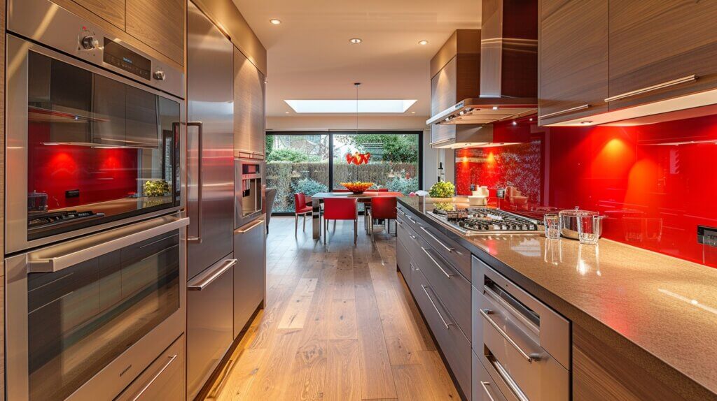 Modern kitchen with Stainless Steel cabinets and vibrant red backsplash