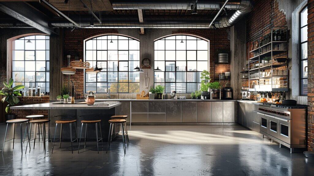 Industrial Chic Vibe kitchen with stainless steel cabinets 