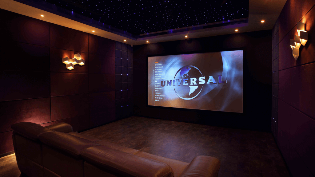 basement home theater in rich burgundy color scheme