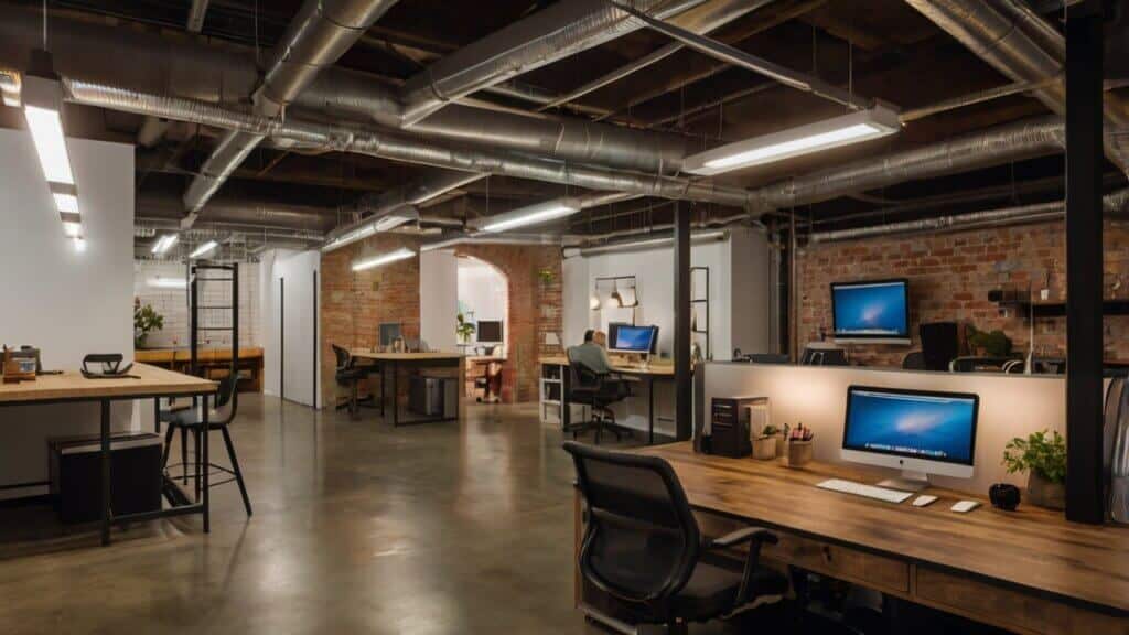 Creative Co-Working Space with multiple workstations in the contemporary basement 
