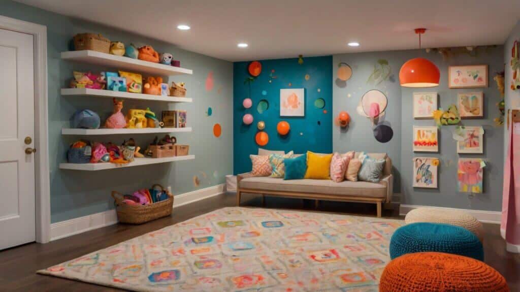basement playroom with bright wall colors, whimsical lighting, and art decor