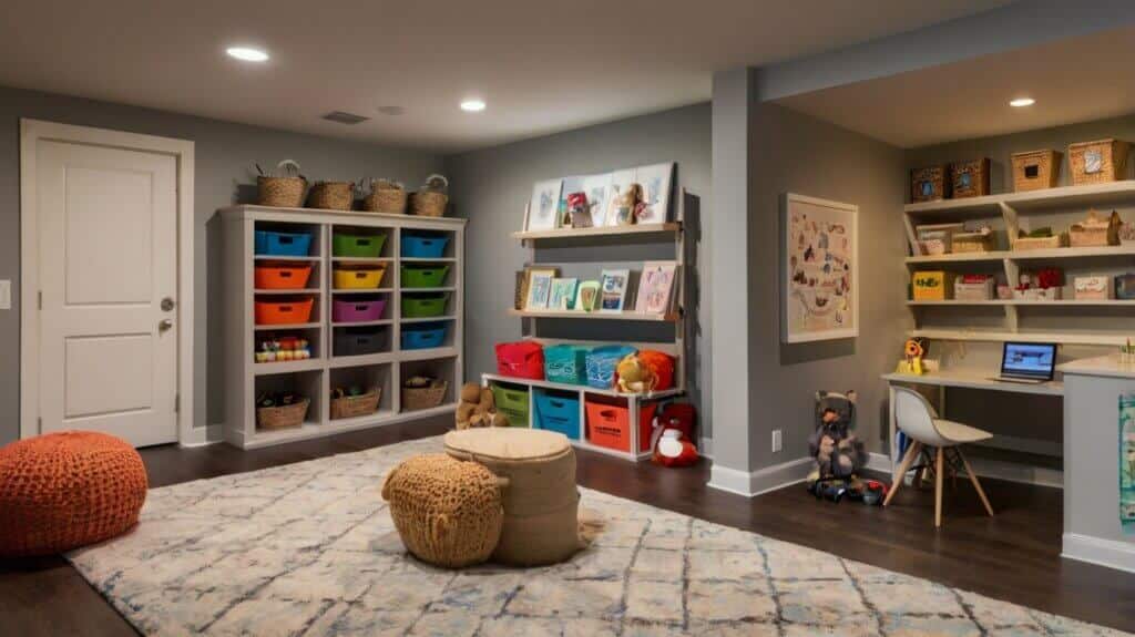 basement playroom with zones for different activities including a reading nook