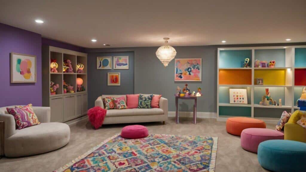 chic basement playroom with colorful lighting fixtures, a mirror, and nook lighting