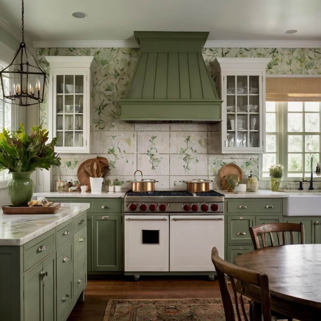 classic kitchen design with white upper kitchen cabinets and sage green lower cabinets