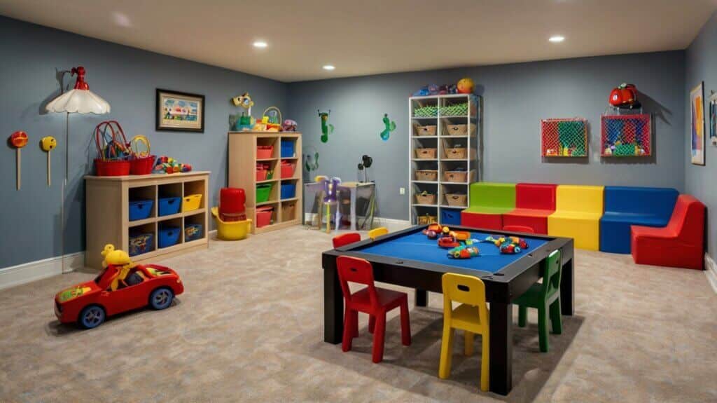 clutter-free kid basement playroom with soft flooring and safe furniture 