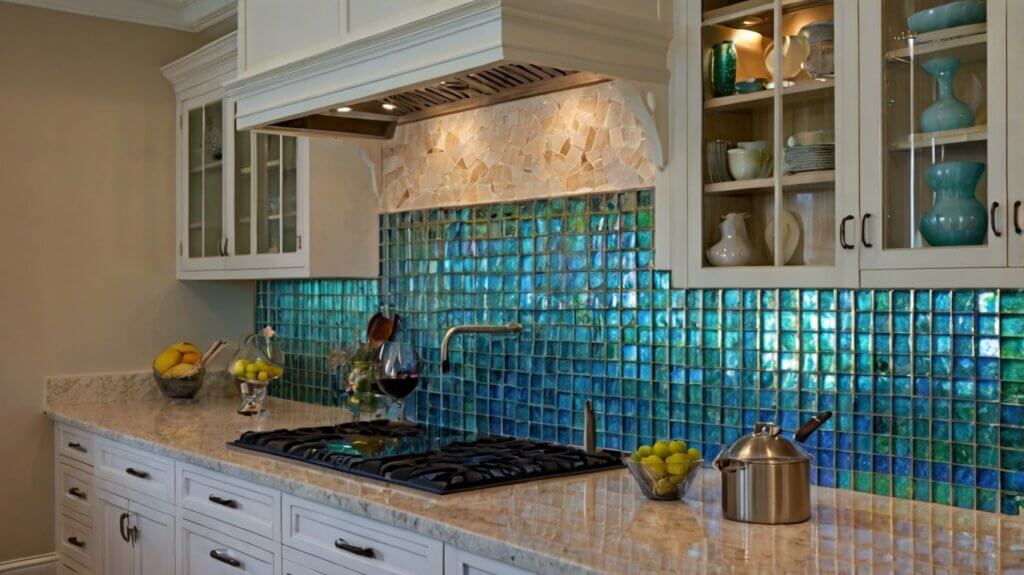 coastal kitchen design with iridescent glass tiles backsplash