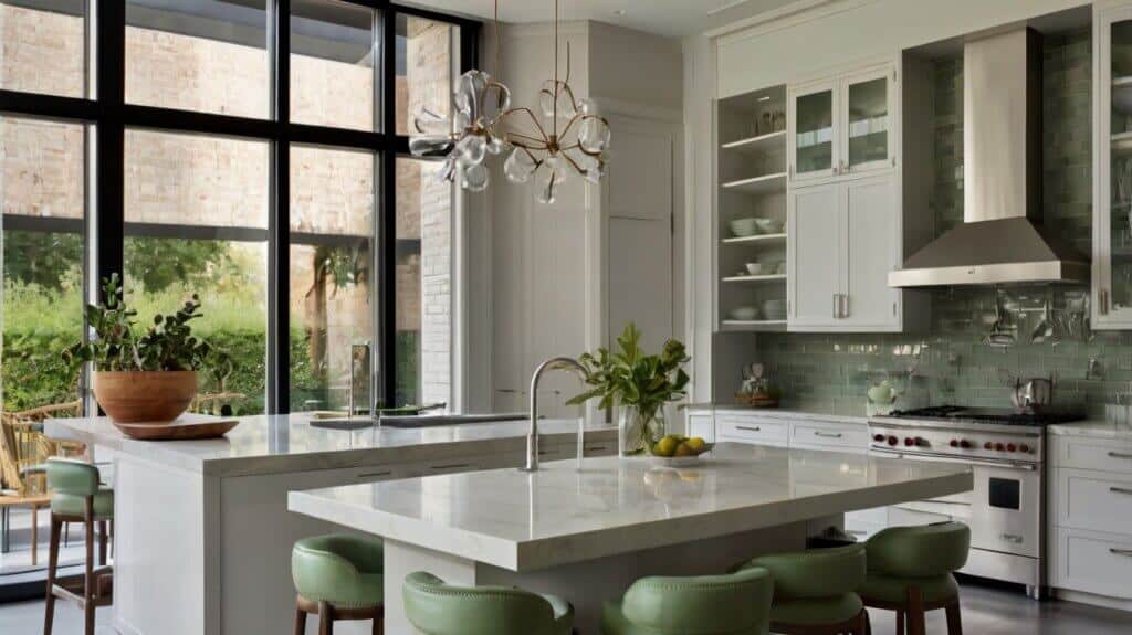 contemporary kitchen design in a white color palette with sage green accessories and bar stools